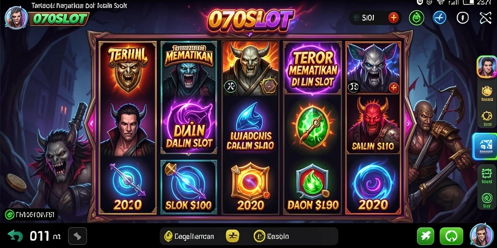 Screenshot utama 070SLOT menampilkan gameplay menyeramkan dengan gulungan slot.