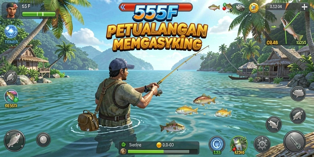 Tampilan gameplay seru dalam 555F saat menangkap ikan.