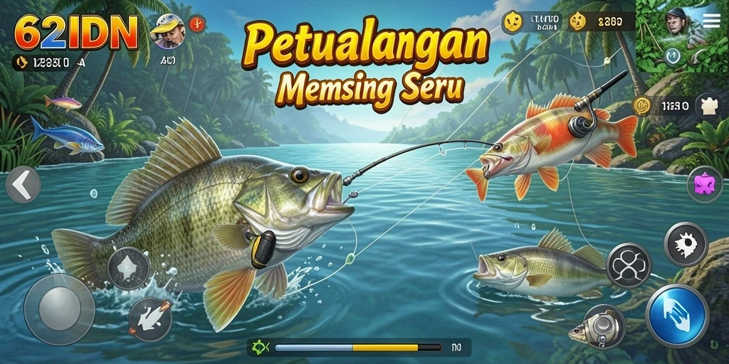 Screenshot gameplay 62IDN menunjukkan aksi memancing yang seru dan menantang.