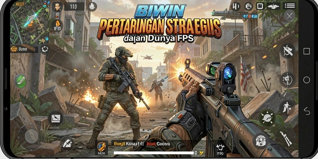 Screenshot utama BIWIN menampilkan aksi gameplay FPS yang mendebarkan.