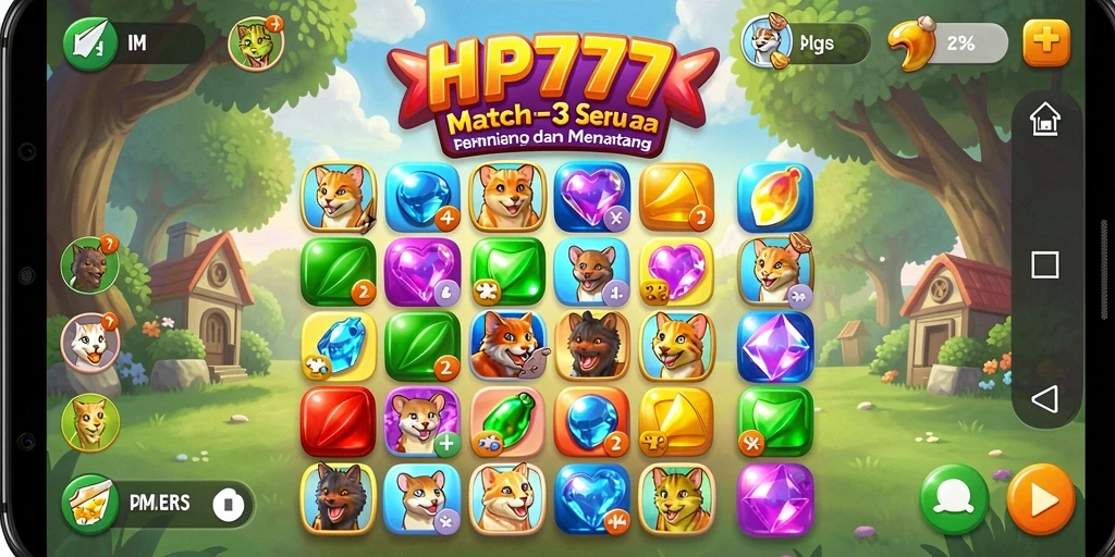 Screenshot HP777 menampilkan kombinasi permata yang ceria.
