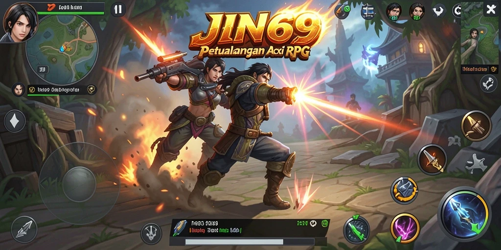 Tampilan gameplay JIN69 menunjukkan aksi seru dalam pertempuran ARPG.