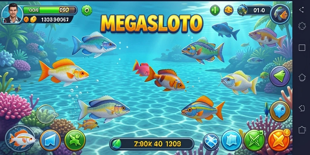 Screenshot gameplay MEGASLOTO menampilkan aksi seru Tembak Ikan.