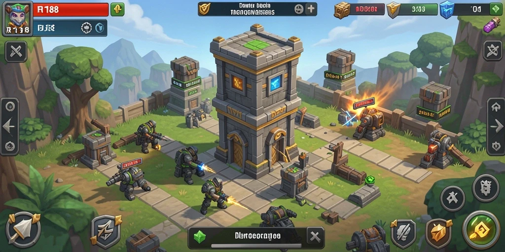 Tampilan gameplay RI188 saat melindungi menara dari serangan musuh.