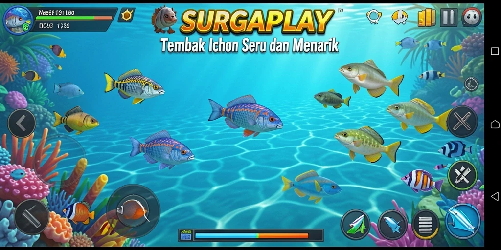 Tampilan gameplay SURGAPLAY dengan aksi menangkap ikan yang mendebarkan.