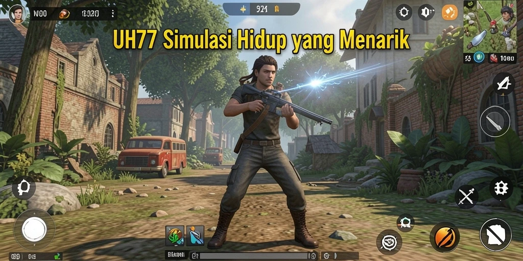 Screenshot utama UH77 menampilkan karakter dalam momen interaktif yang menarik.