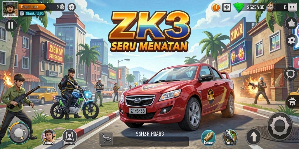Screenshot utama ZK3 menampilkan gameplay seru dan penuh warna.